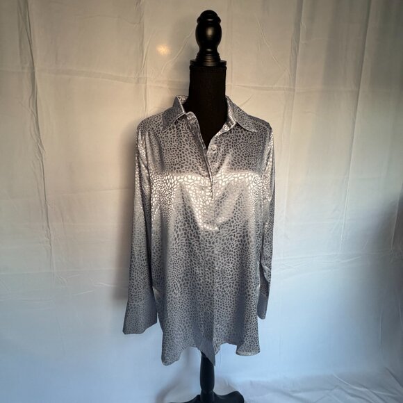 ACOA | LONG SLEEVE BLOUSE Silver/Blue Size Large Leopard Print - Dressy - 0338 - Picture 5 of 7